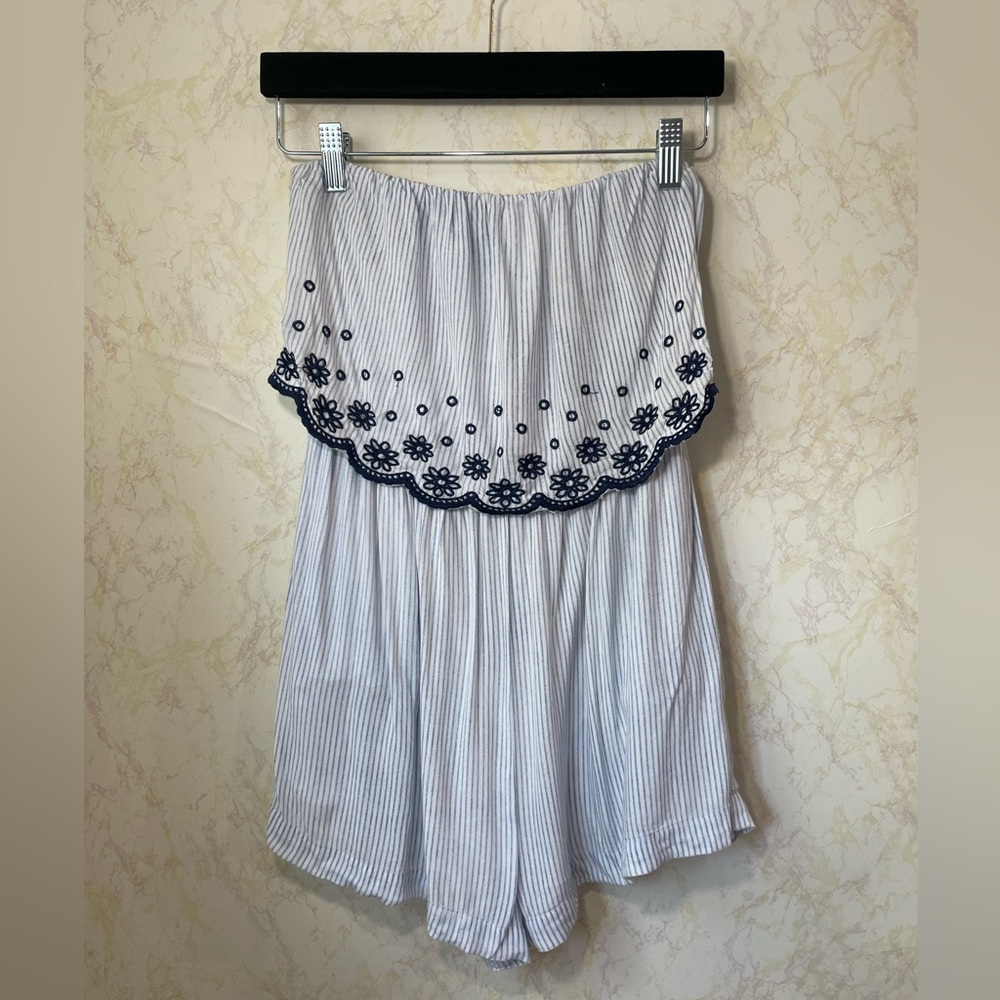 Jessica Simpson Blue and White Strapless Striped Romper